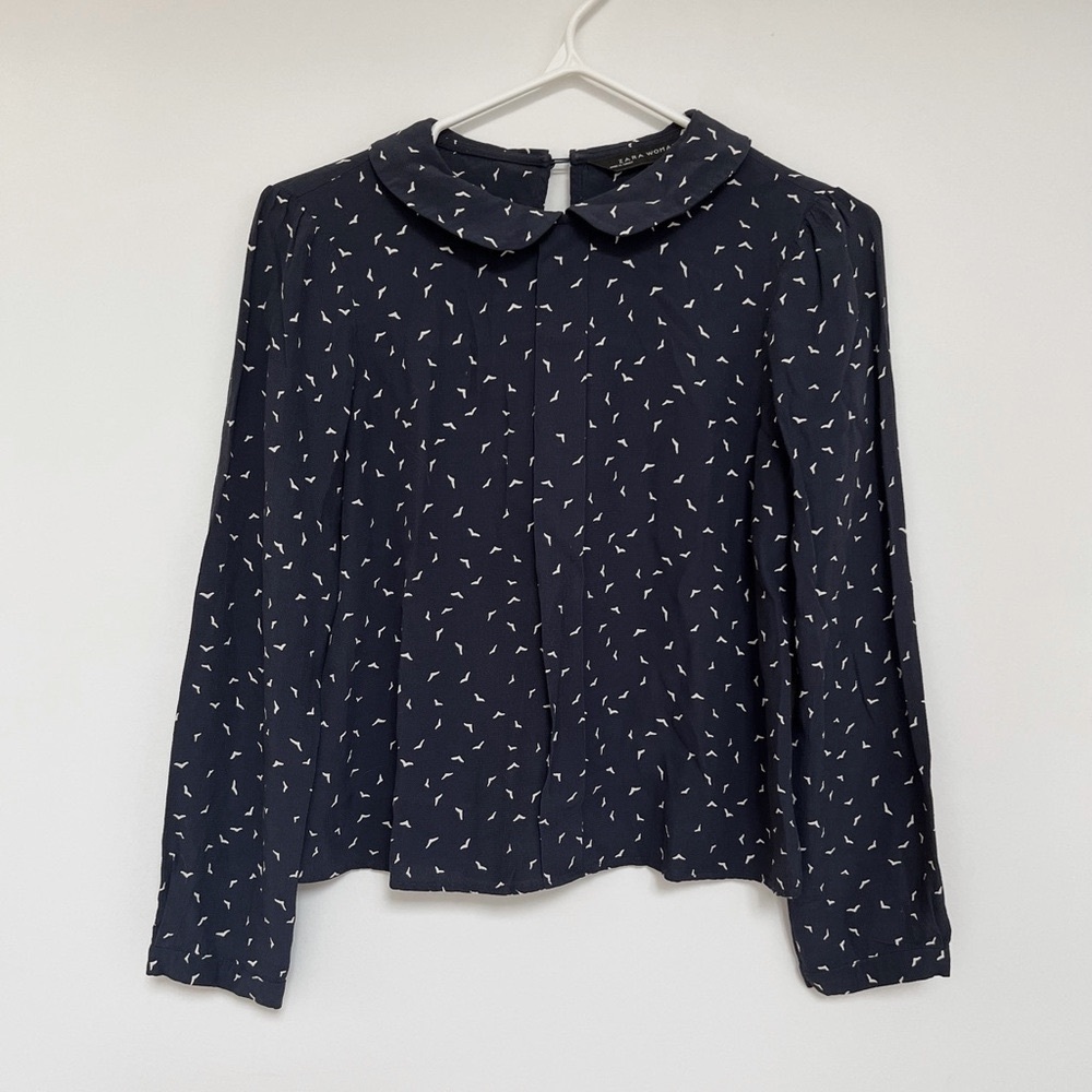 ZARA (S) Navy Bird Animal Patterned Pleated Work Blouse Top w/ Peter Pan Collar